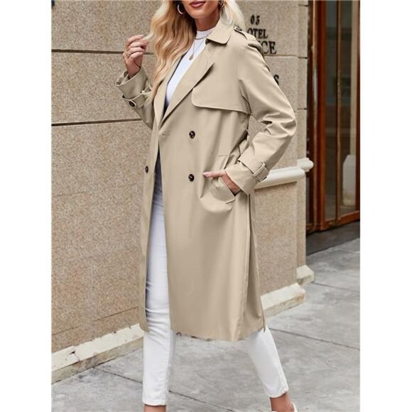 Women's Double Breasted Trench Coats Causal Windproof Long Lapel